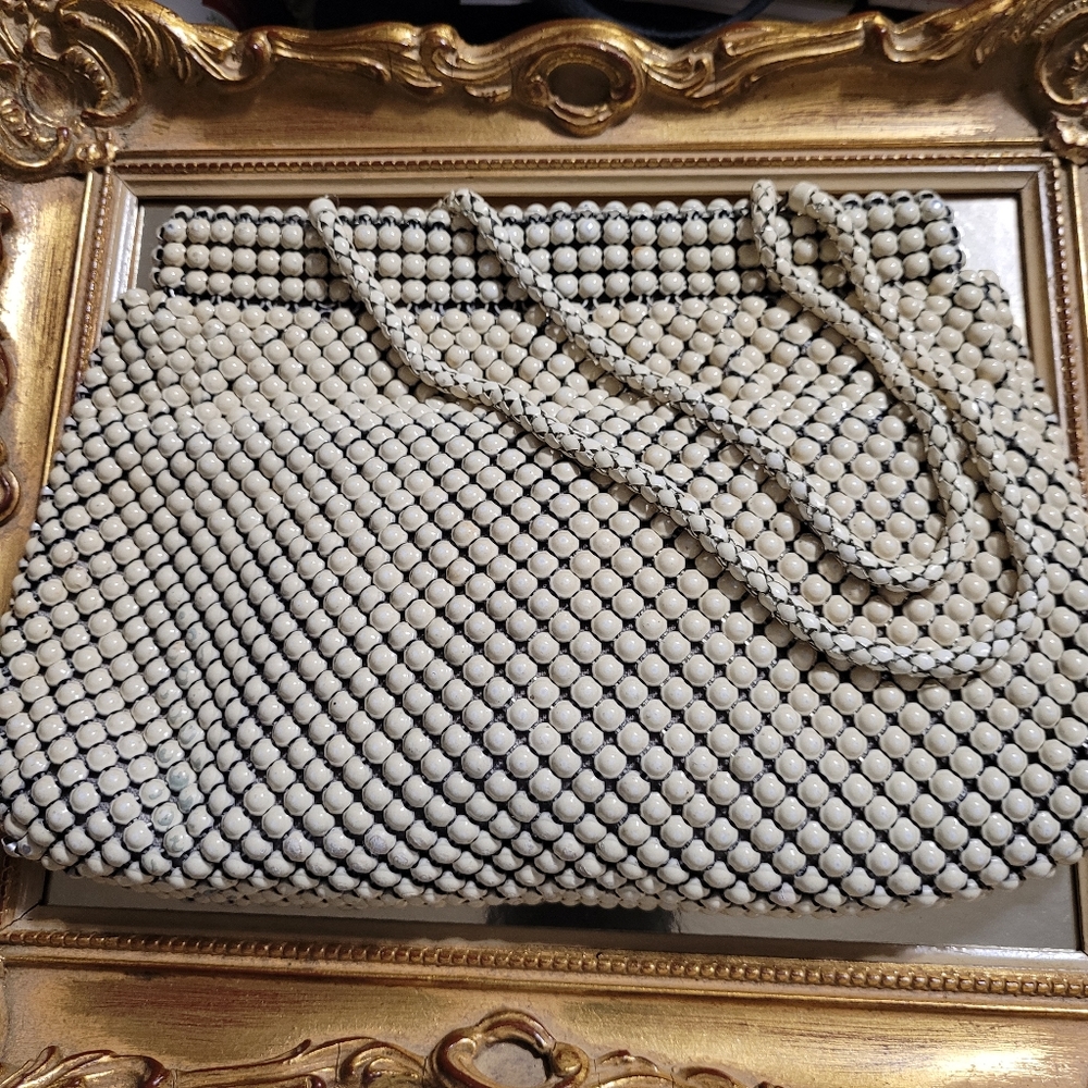 Whiting & Davis Vintage 1940s Metal Mesh Purse Ivory Coated Enamel Mesh 11" x 7"